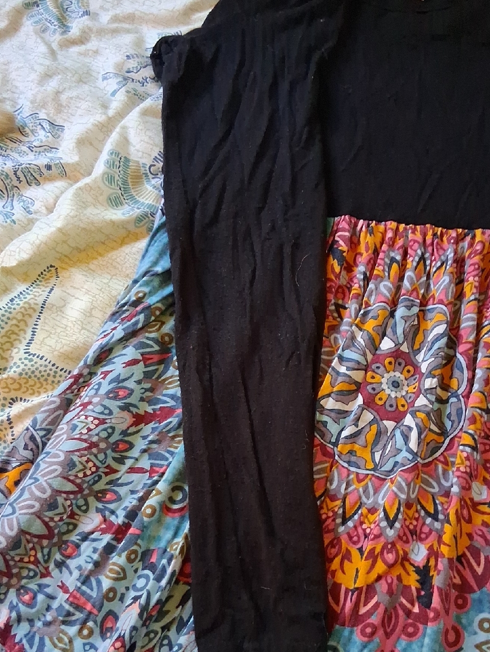 Black Bodice Maxi Dress with Blue Floral Medallion Skirt - Picture 6 of 8